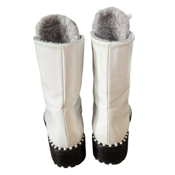 Stuart Weitzman White Shearling Pearl Embellished Studded Combat Boots Size 8 - Picture 6 of 11